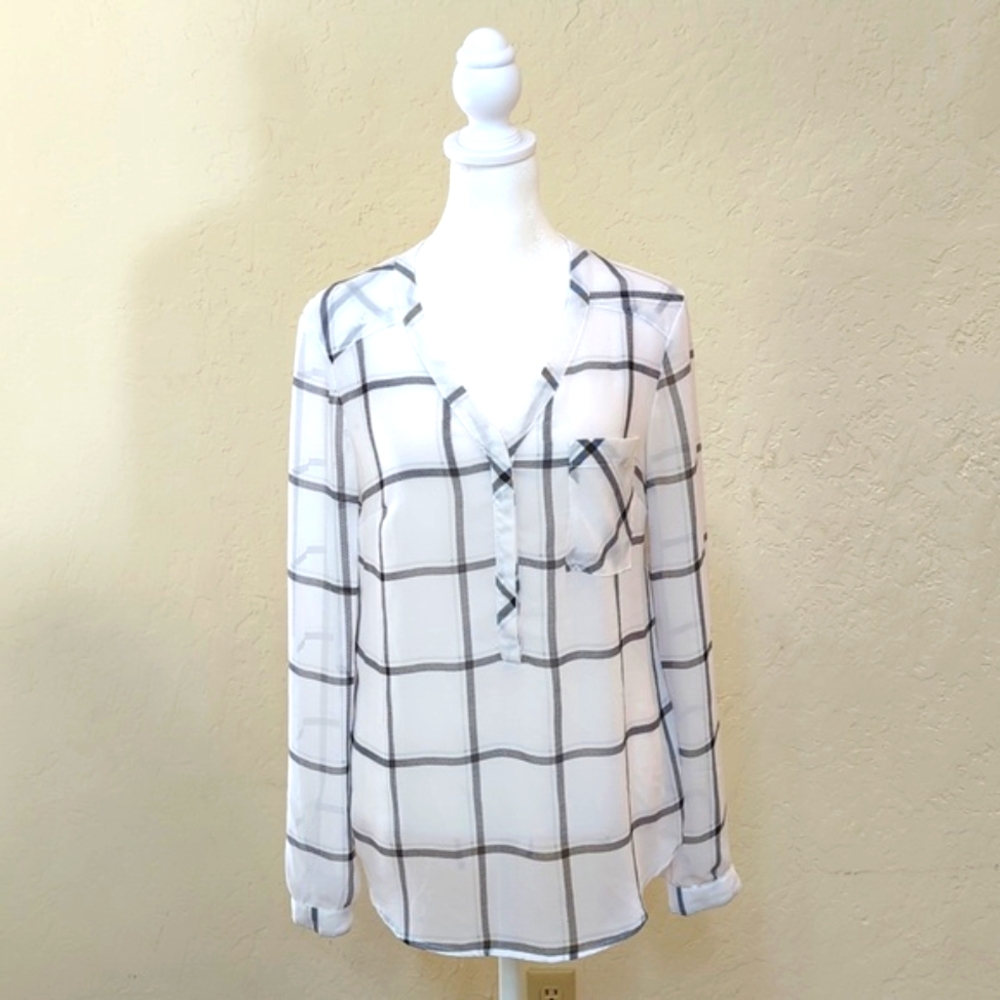 Merona Semi Sheer White Black Check Cuffed Long Sleeve Blouse Size Small